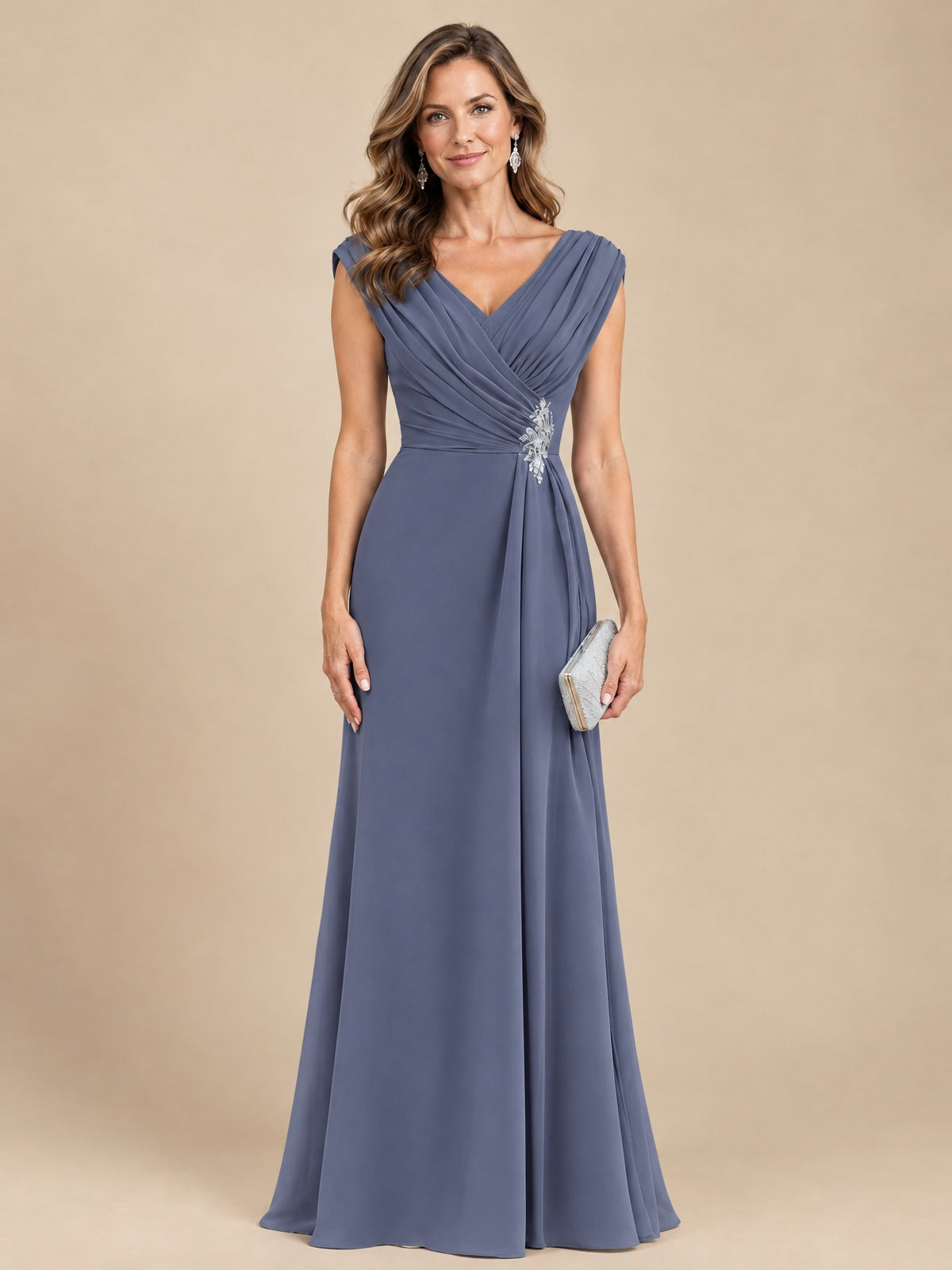 V Neck Pleated Mother of The Bride Dresses with Beading Cap Sleeves