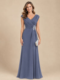 V Neck Pleated Mother of The Bride Dresses with Beading Cap Sleeves
