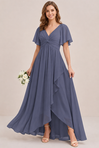 Dusty Blue Chiffon Bridesmaid Dress with Flutter Sleeves & High-Low Hem