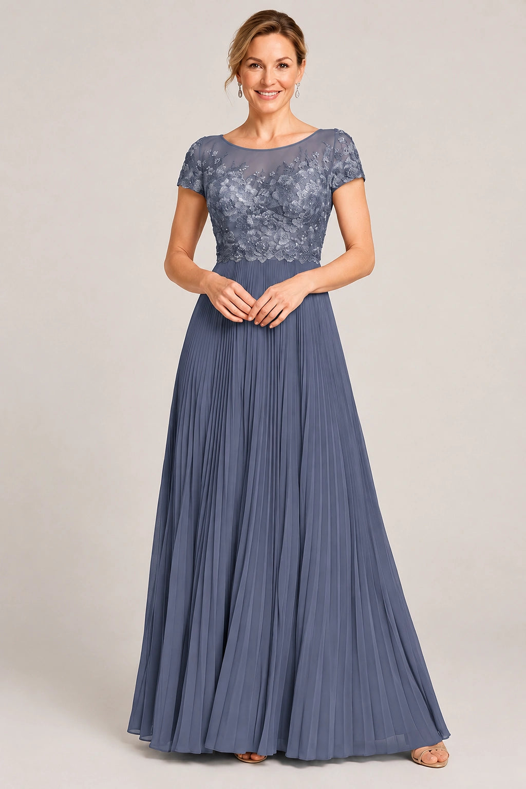 Embroidered Lace Pleated Mother of the Bride Dress