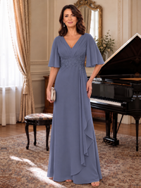 Stormy Blue V-Neck Chiffon Lace Mother of the Bride Dresses with Flutter Sleeve A-line Long Ruffled Evening Formal Wedding Guest Gown