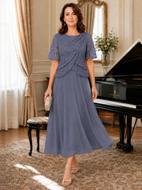 Tea-Length Chiffon Mother of the Bride Dress with Sequin Lace Sleeves