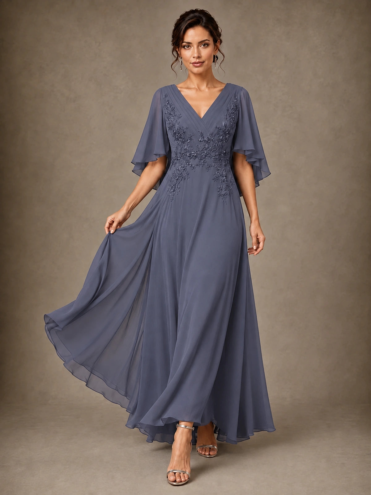 V-Neck Chiffon Lace Mother of the Bride Dress with Flutter Sleeves