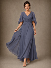 V-Neck Chiffon Lace Mother of the Bride Dress with Flutter Sleeves