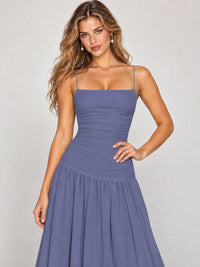 Butter Yellow Ruched Spaghetti Strap Drop-Waist Prom Dress