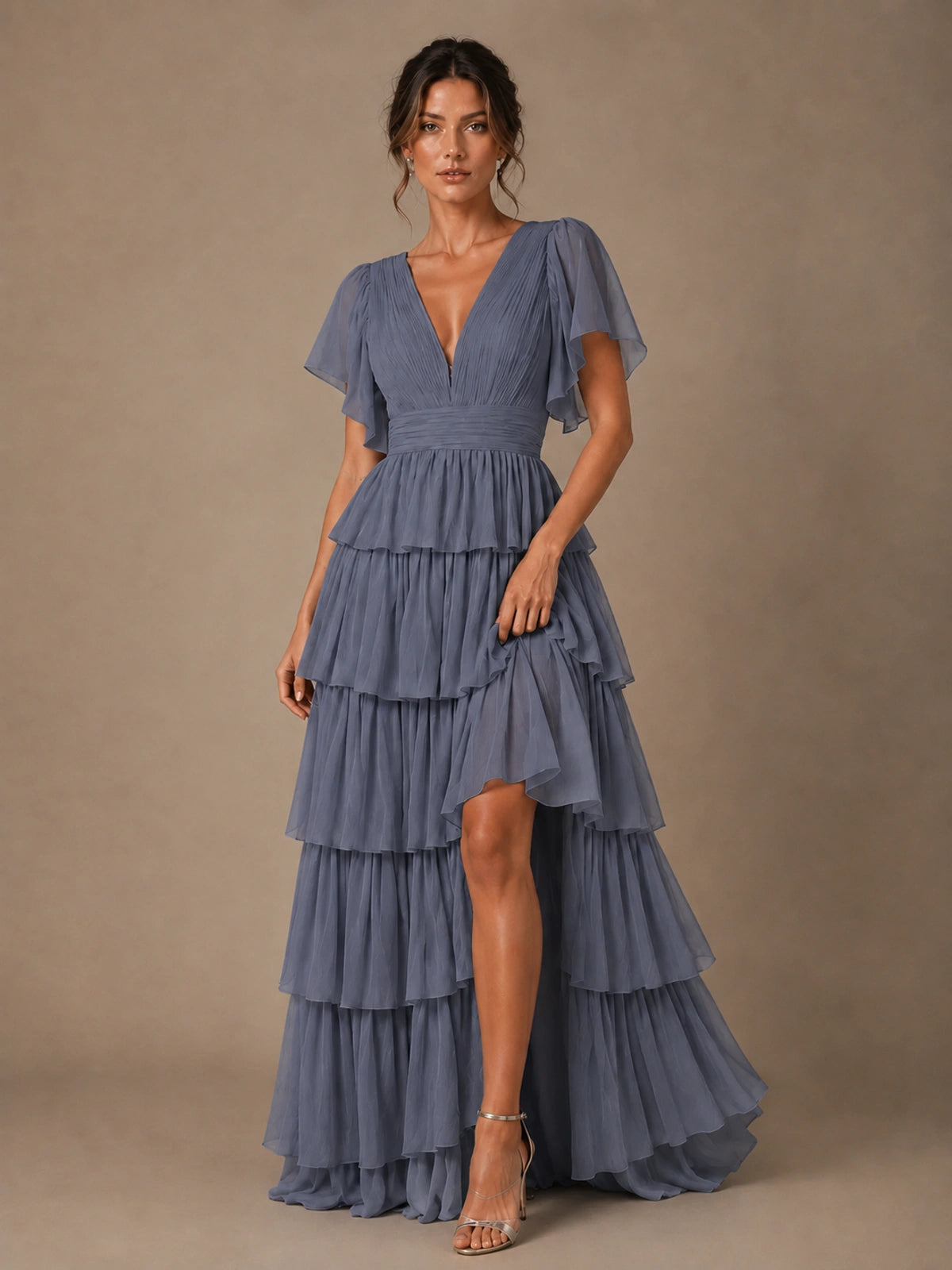 Chiffon V-Neck Tiered Ruffle Bridesmaid Dress with Slit
