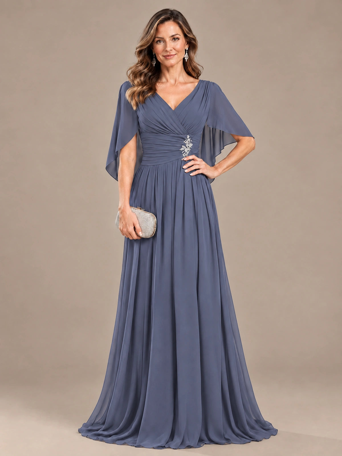 Ruched V Neck Mother of The Bride Dresses with Shawls Appliques and Cap Sleeves