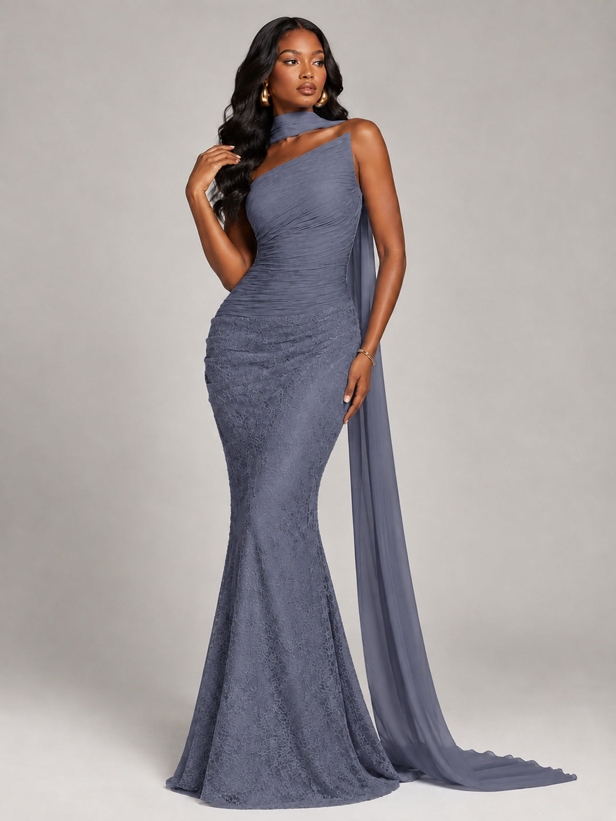 Pleated Chiffon Lace Prom Dresses Long Bodycon Mermaid with Scarf