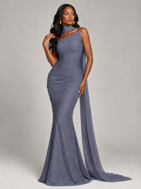 Pleated Chiffon Lace Prom Dresses Long Bodycon Mermaid with Scarf