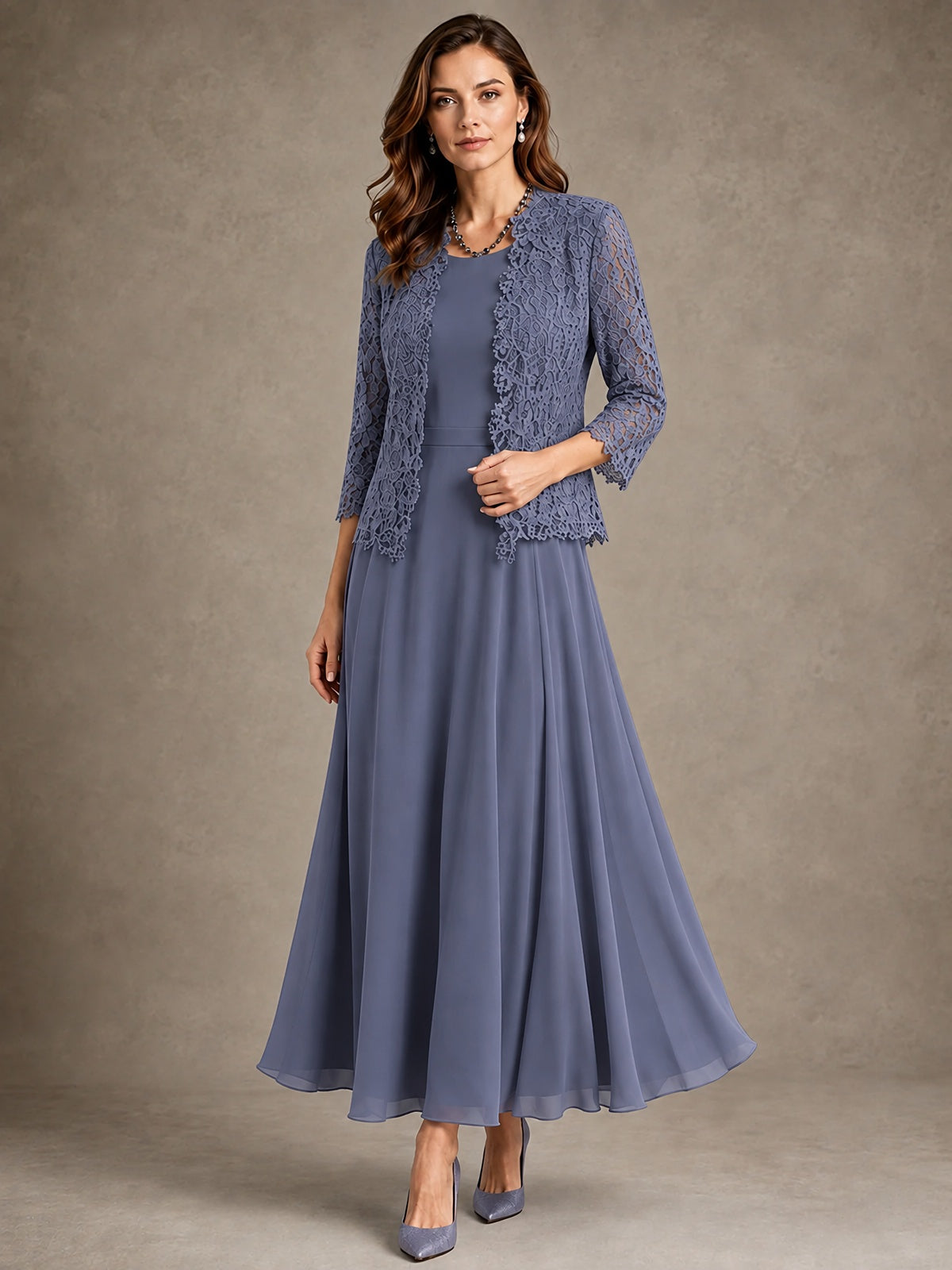 2-Piece Chiffon Mother of the Bride Dress with Lace Jacket