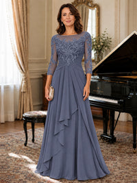A-Line Chiffon Mother of the Bride Dress with Floral Applique 3/4 Sleeves