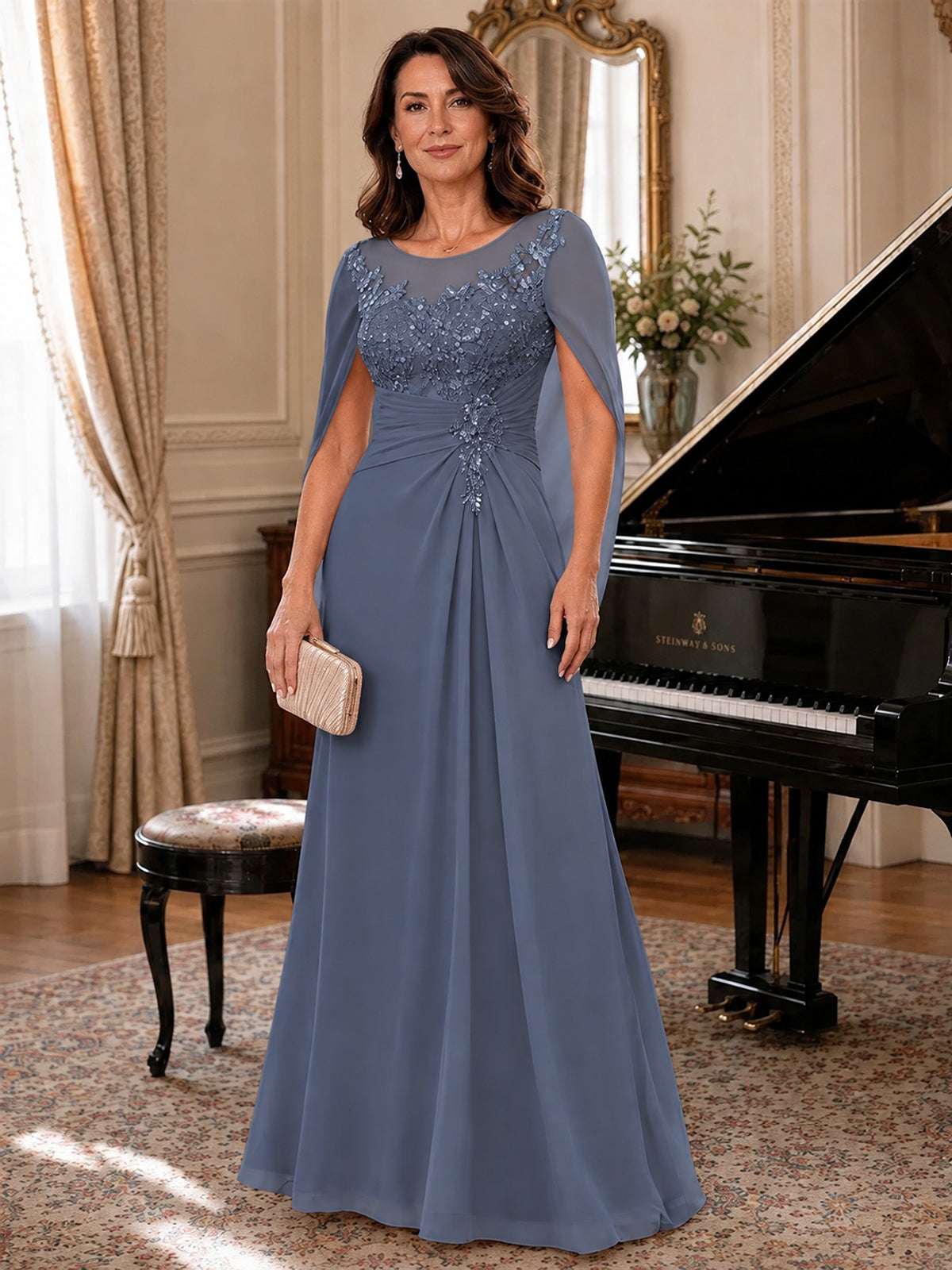Elegant Applique Chiffon Mother of the Bride Dress with Cape Sleeves