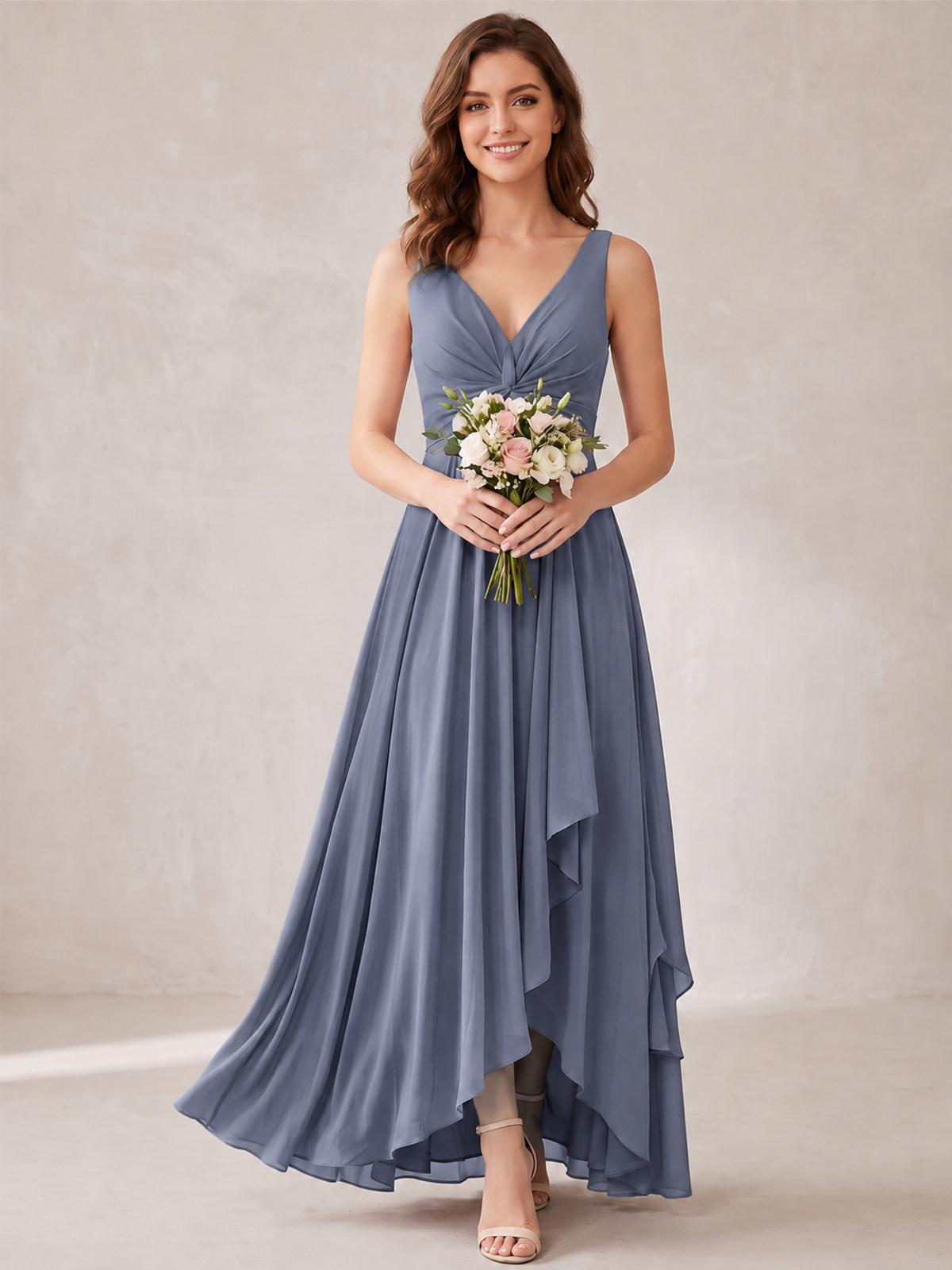 V-Neck High-Low Chiffon Bridesmaid Dress with Ruffles