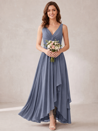 V-Neck High-Low Chiffon Bridesmaid Dress with Ruffles