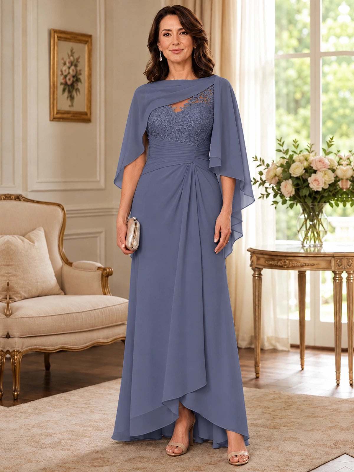 Elegant Chiffon Mother of the Bride Dress with Lace Applique and Cape Sleeves