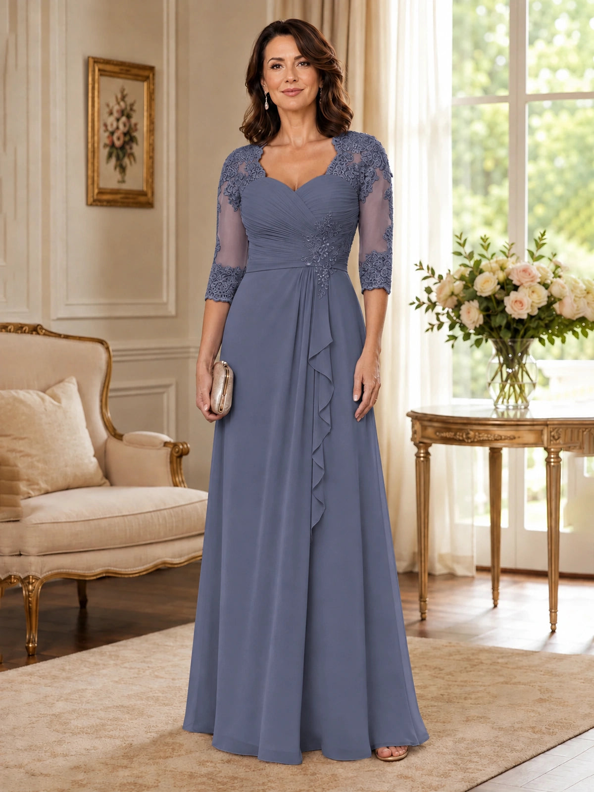 Chiffon Lace Applique Mother of the Bride Dress with 3/4 Sleeves