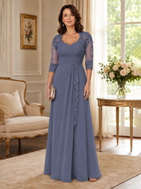 Chiffon Lace Applique Mother of the Bride Dress with 3/4 Sleeves