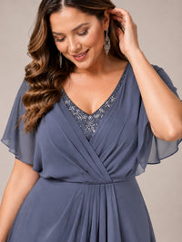 Navy Blue A-Line V-Neck Tea-Length Mother of the Bride Dress