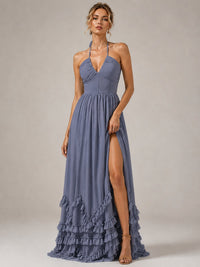 Halter V Neck Chiffon Formal Dress with Lace-Up Back and Ruffle Hem