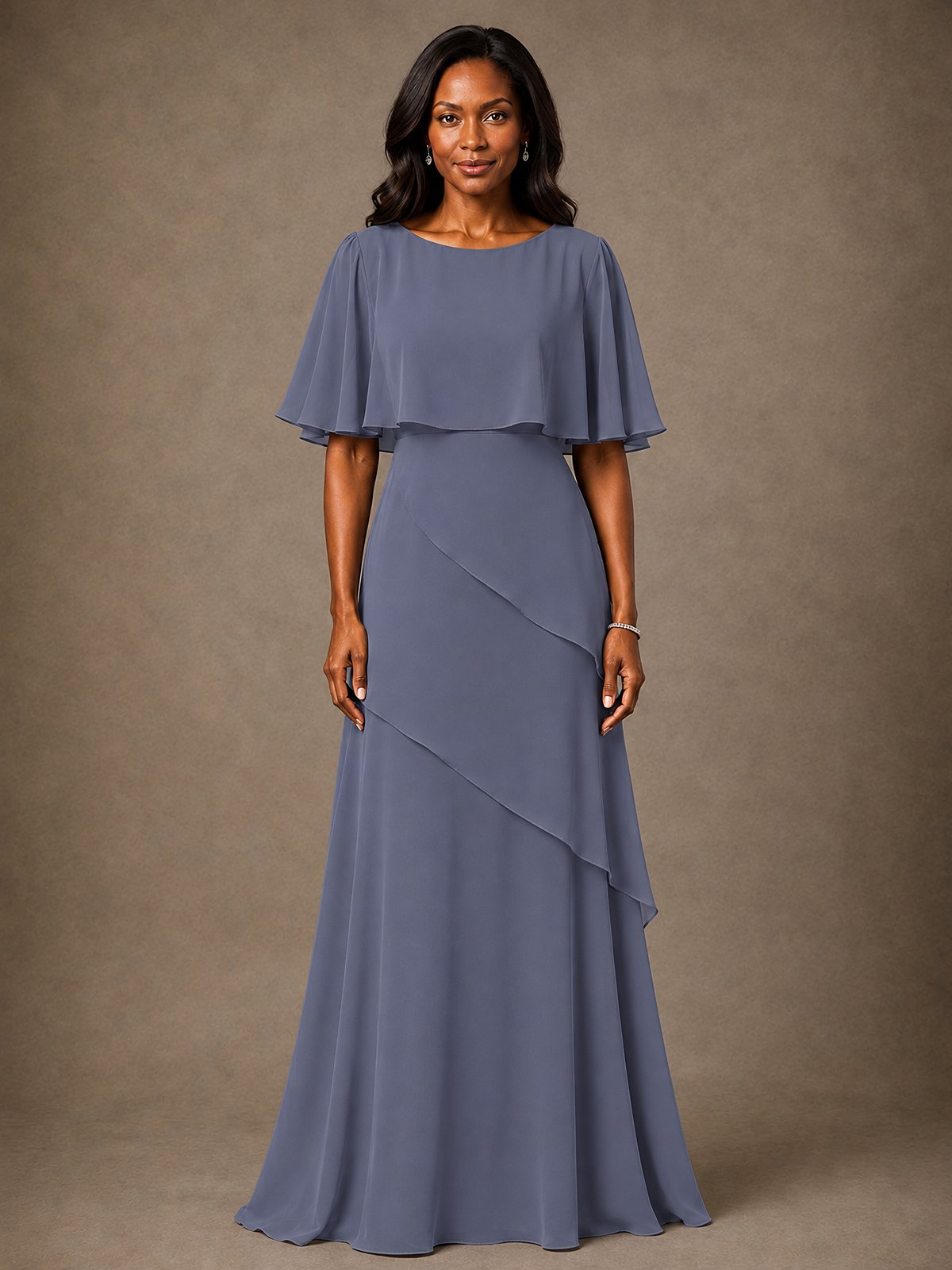 Taupe Chiffon A-Line Mother of the Bride Dress with Cape Sleeves