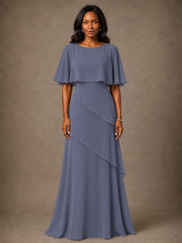 Taupe Chiffon A-Line Mother of the Bride Dress with Cape Sleeves