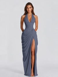 Ruched Halter Neck High-Slit Prom & Evening Dress