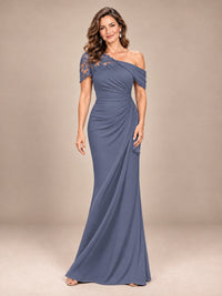 Stormy Blue-Lace One Shoulder Chiffon Ruched Mother of The Bride Dresses
