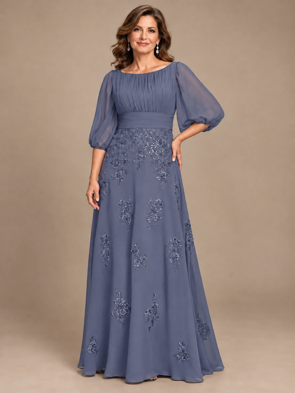 A-Line Mother of the Bride Dress with Sheer Puff Sleeves