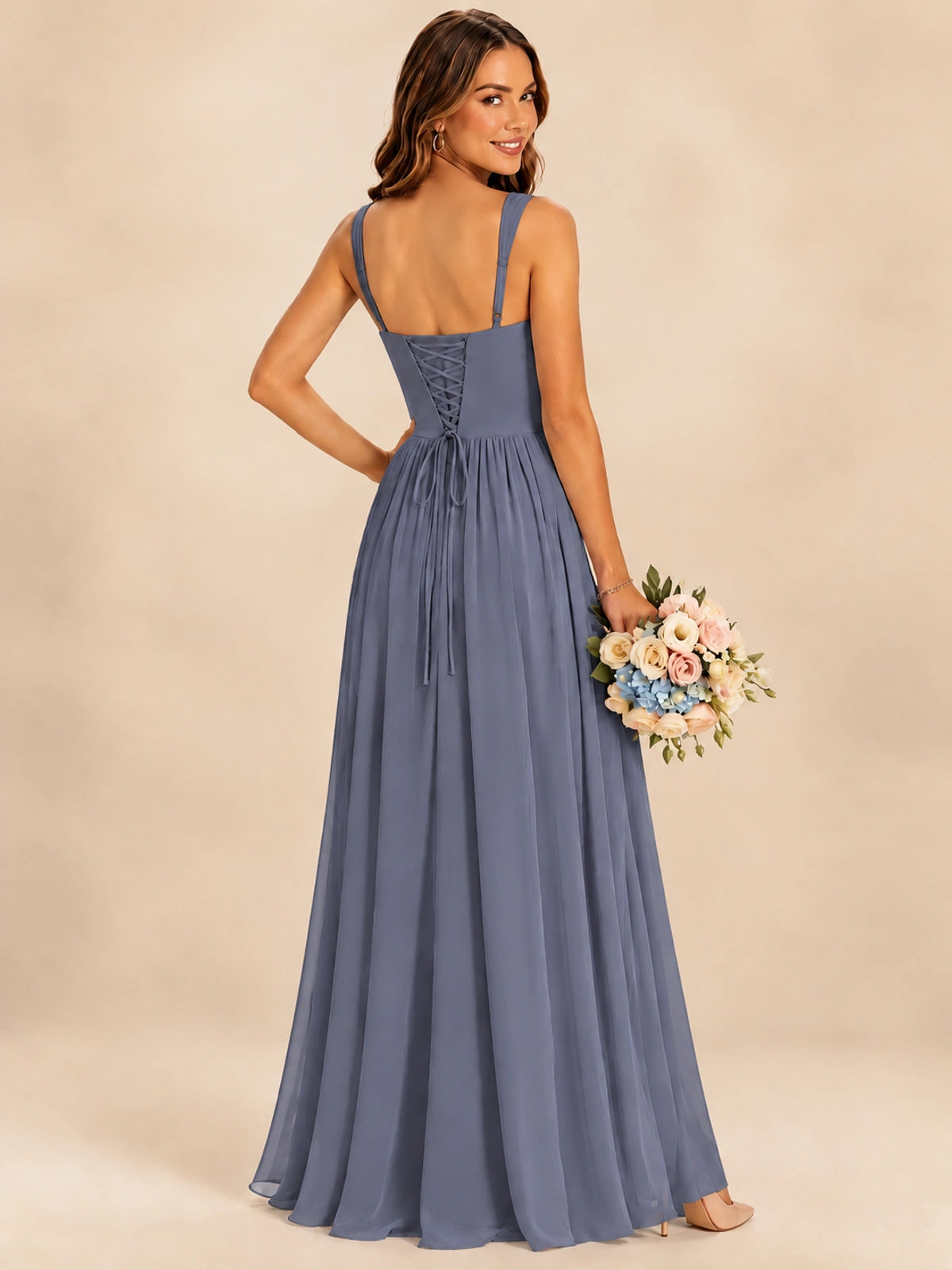 Spaghetti Straps Pleated Chiffon Bridesmaid Dress with Ruffle Slit