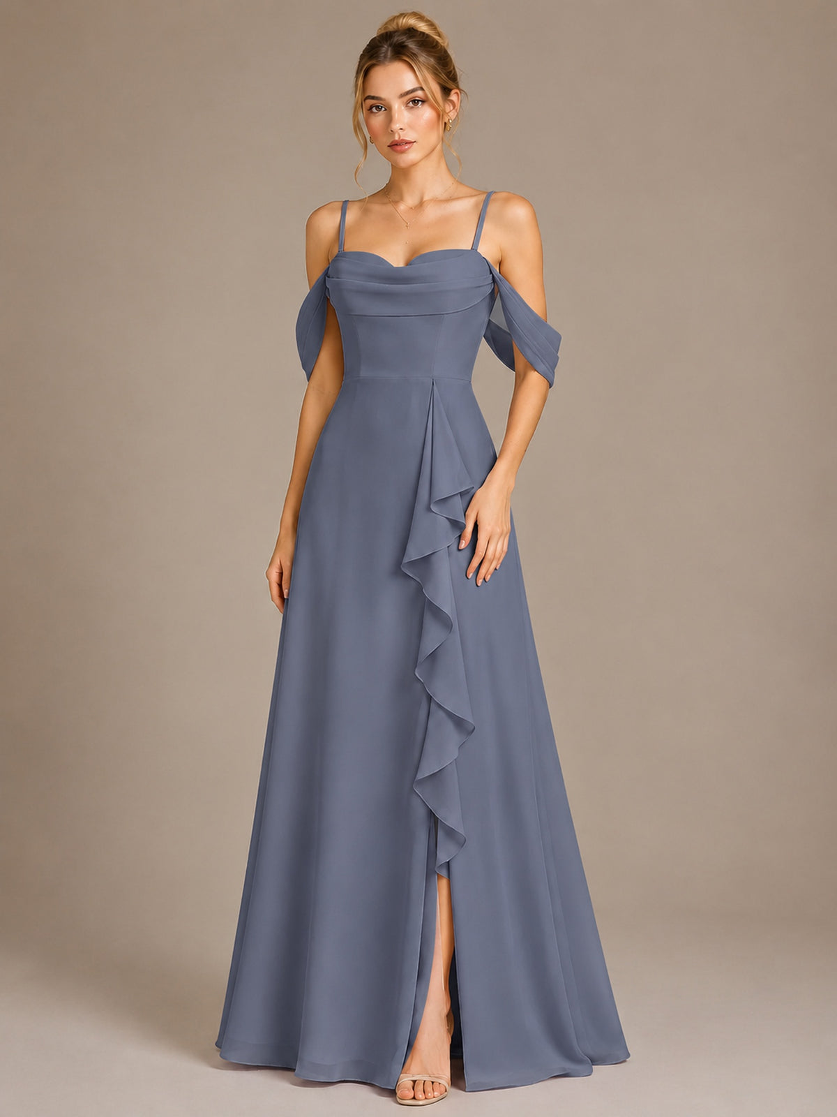 Spaghetti Strap Chiffon Bridesmaid Dress with Ruffles Slit