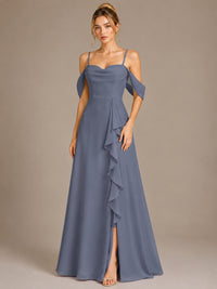 Spaghetti Strap Chiffon Bridesmaid Dress with Ruffles Slit