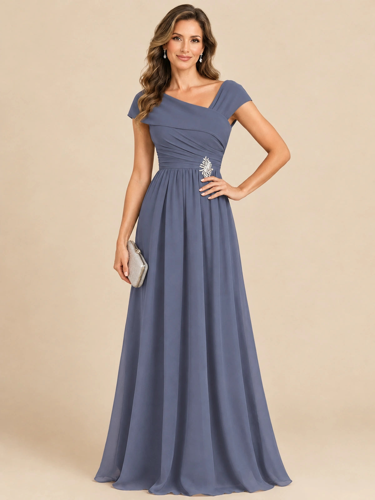 Cap Sleeve Mother of The Bride Dresses Long Chiffon Formal Gowns