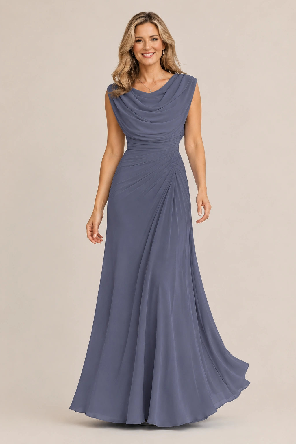 Cowl Neck Ruched Chiffon Mother of the Bride Dress