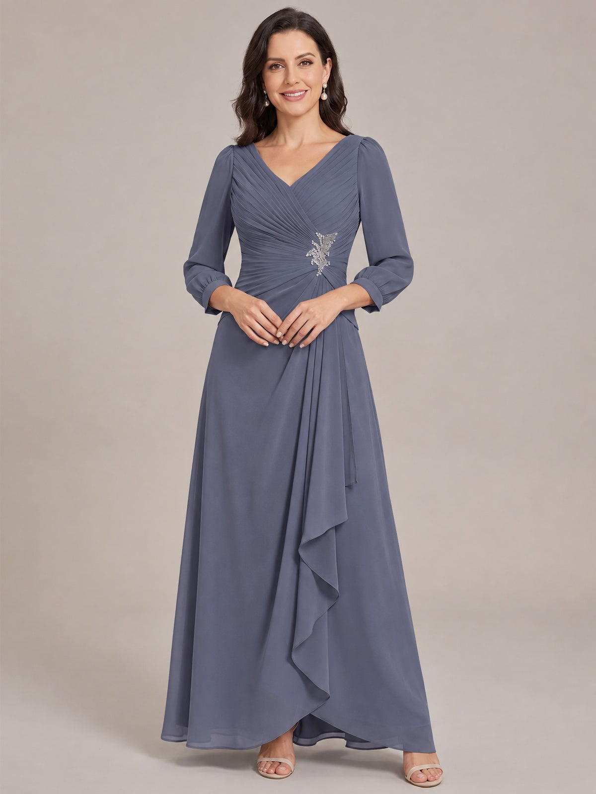 Stormy Blue-Long Sleeve Chiffon Beaded Mother of The Bride Dresses for Women