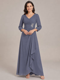 Stormy Blue-Long Sleeve Chiffon Beaded Mother of The Bride Dresses for Women