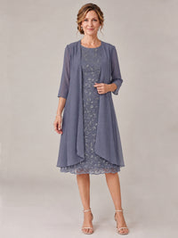 Stormy Blue-2 Piece Lace Appliques Chiffon Mother of The Bride Dress with Sequin