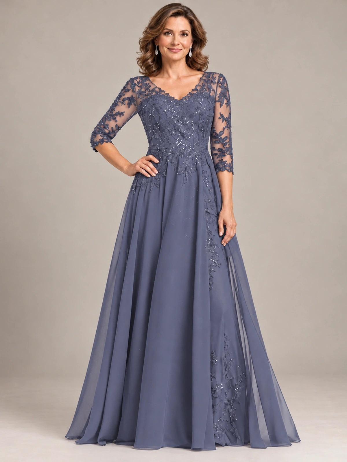 Sequin Lace A-Line Mother of the Bride Dress with 3/4 Sleeves
