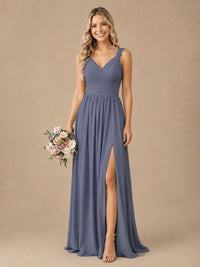 Pleated Chiffon V Neck Wedding Bridesmaid Dresses Floor Length with Slit