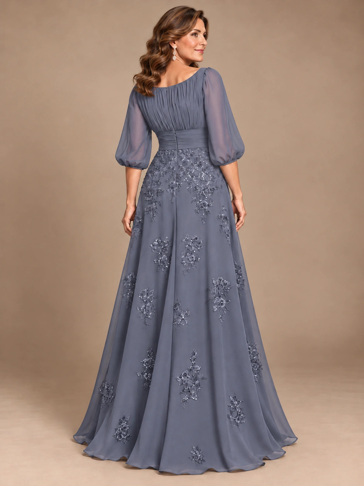 A-Line Mother of the Bride Dress with Sheer Puff Sleeves