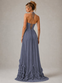 Halter V Neck Chiffon Formal Dress with Lace-Up Back and Ruffle Hem