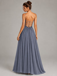 Spaghetti Strap Ruched Chiffon Maxi Dress with Backless