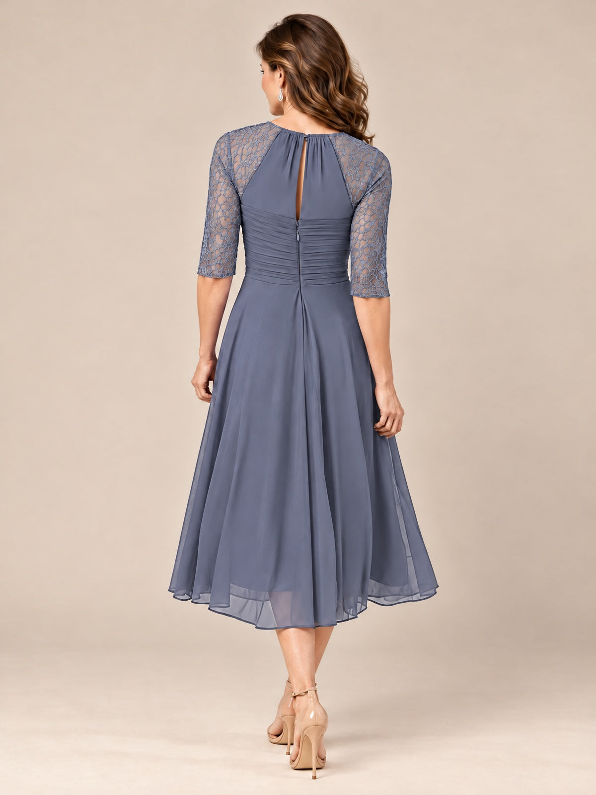 Tea-Length Mother of the Bride Dress with Lace 3/4 Sleeves