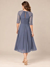 Tea-Length Mother of the Bride Dress with Lace 3/4 Sleeves