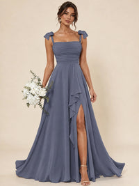 Ruffle Slit Chiffon A Line Scoop Neck Bridesmaid Dresses with Pockets