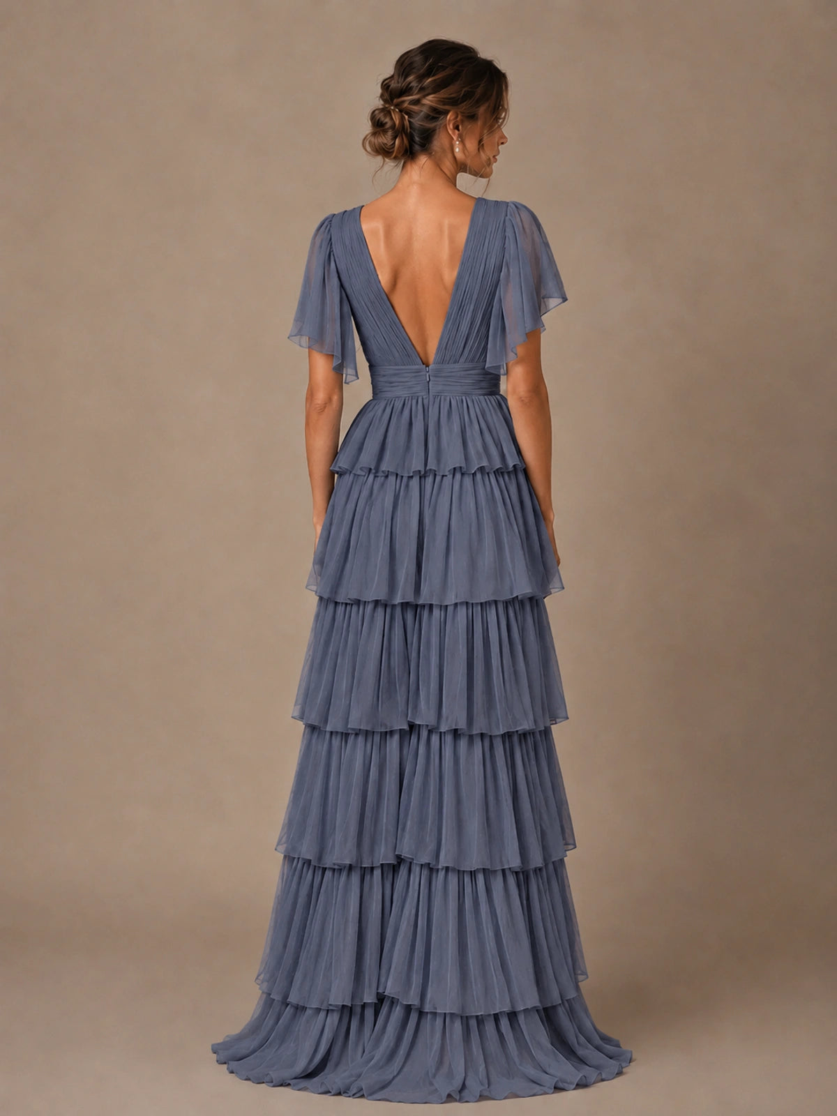 Chiffon V-Neck Tiered Ruffle Bridesmaid Dress with Slit