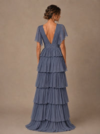 Chiffon V-Neck Tiered Ruffle Bridesmaid Dress with Slit