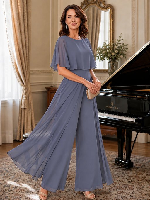 Chiffon Mother of the Bride Jumpsuit with Layered Cape Sleeves