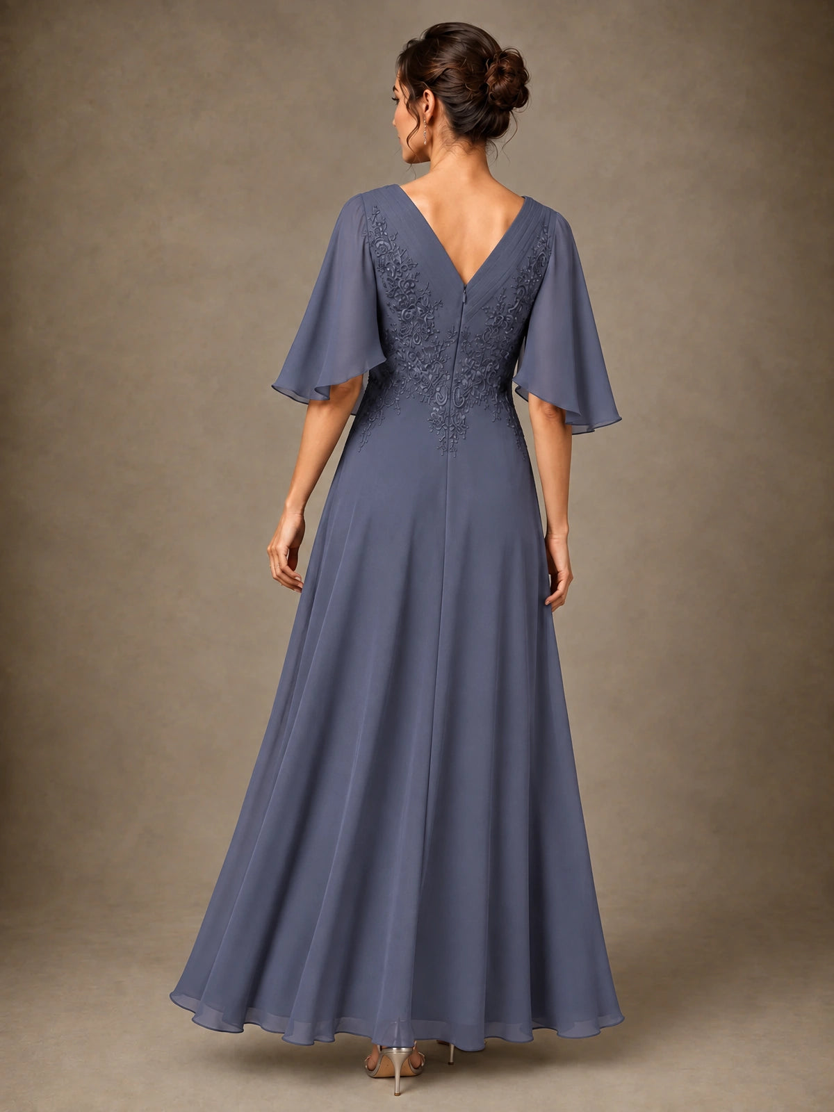 V-Neck Chiffon Lace Mother of the Bride Dress with Flutter Sleeves