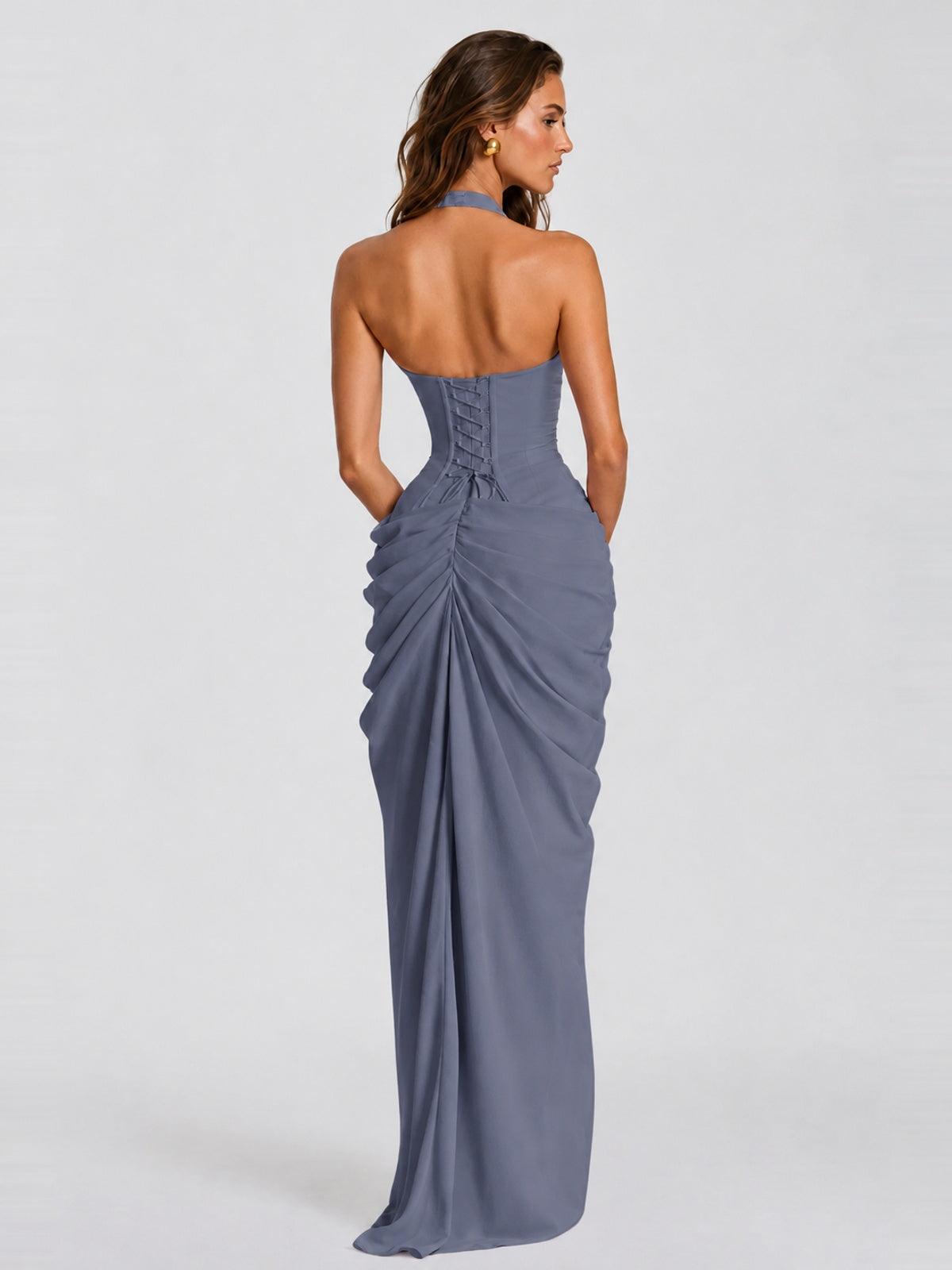 Ruched Halter Neck High-Slit Prom & Evening Dress