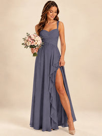 Spaghetti Straps Pleated Chiffon Bridesmaid Dress with Ruffle Slit